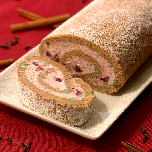 Spice Cake Swiss Roll with Cranberry Whipped Cream Filling