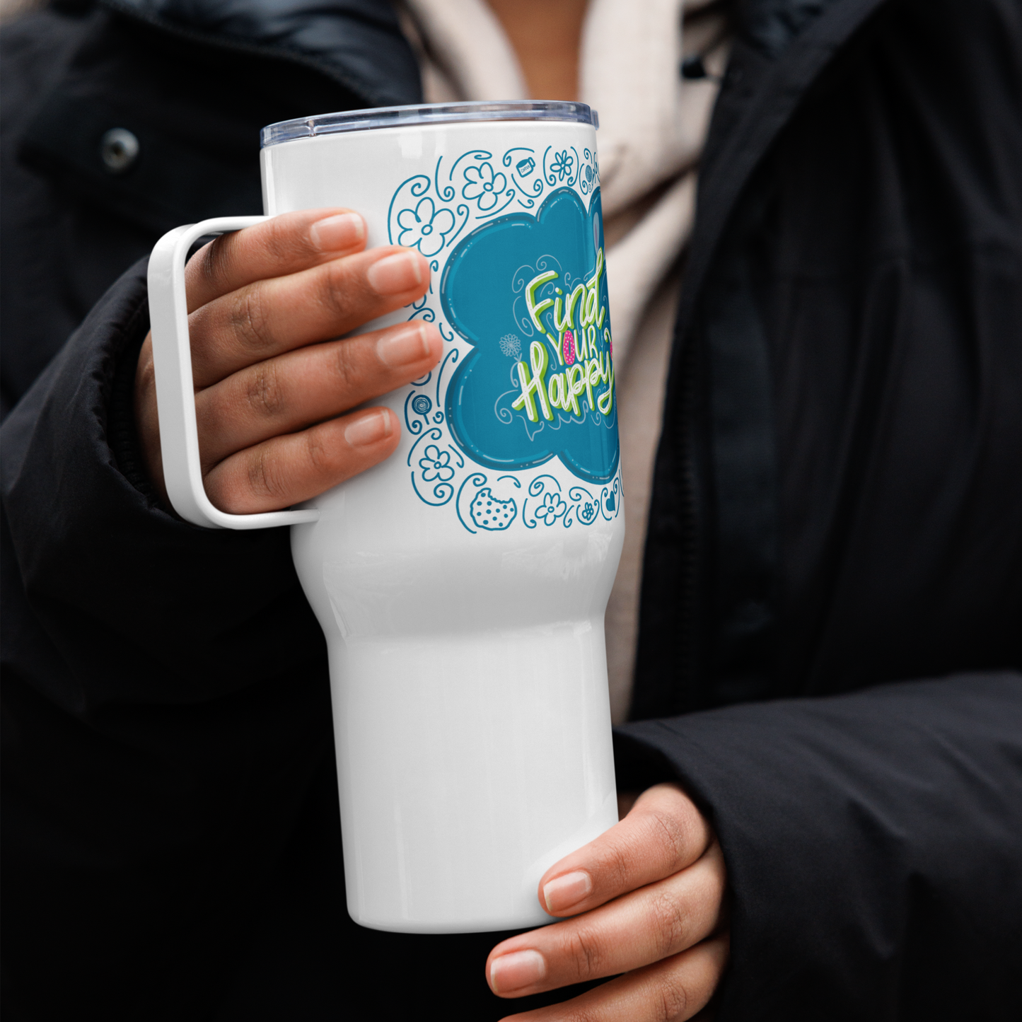 Find Your Happy Travel mug | Tumbler with a Handle | 25 oz | FREE SHIPPING